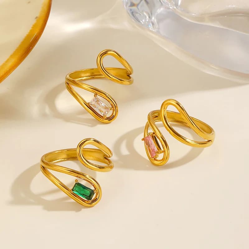 Geometric Glass Zircon Adjustable Ring, 18K Gold Plated