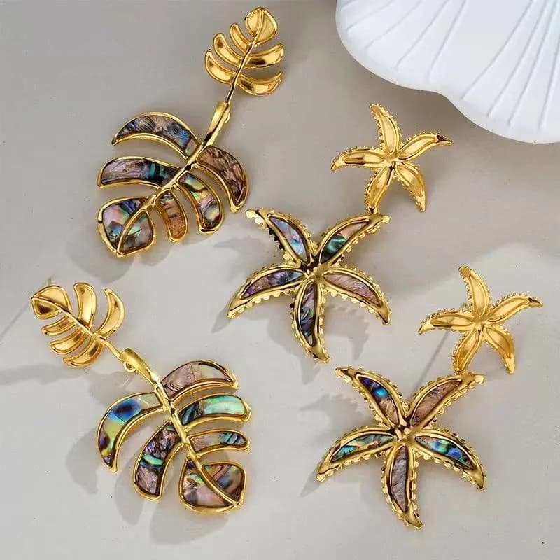 Palm Leaves Drop Dangle Earrings, Gold Plated