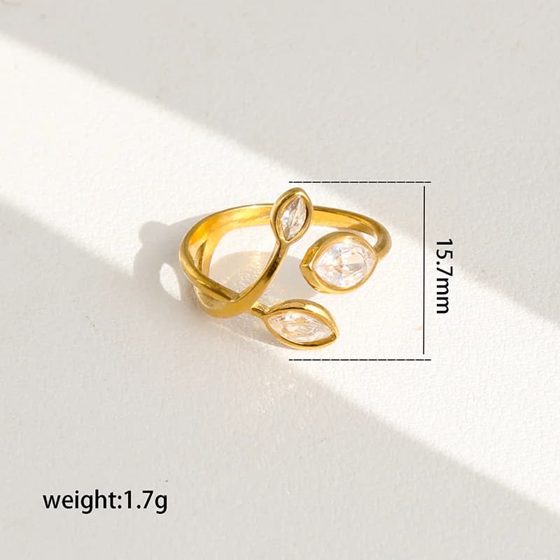แหวนปรับขนาดได้ ลายใบไม้ ประดับเพชร Zirconia สแตนเลส