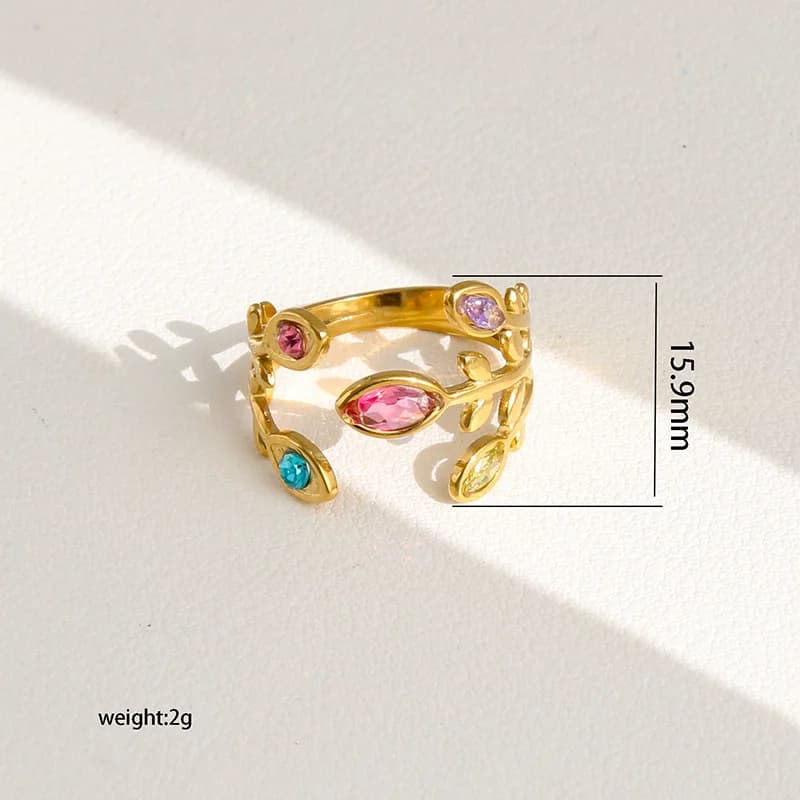 แหวนปรับขนาดได้ ลายใบไม้ ประดับเพชร Zirconia สแตนเลส