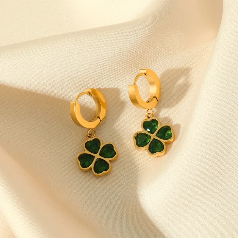 Green Zircon Clover Dangle Earrings
