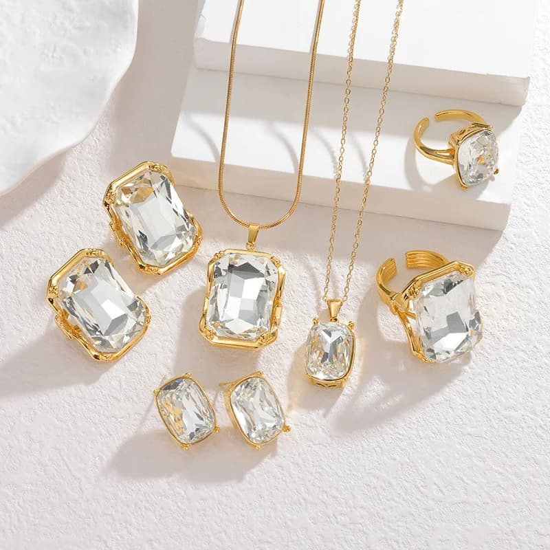 Stainless Steel Crystal Necklace, Earring, and Ring Set