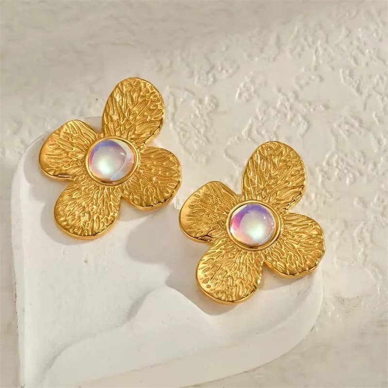 Natural Stone Butterfly Flower Dangle Earrings, Gold