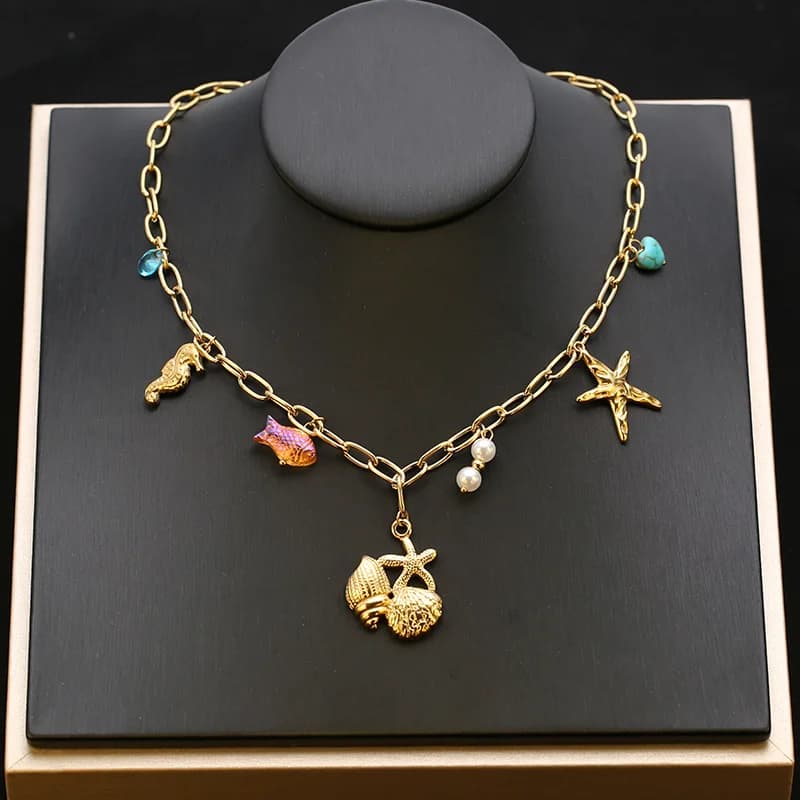 Gold Starfish Shell Sun Pendant Necklace