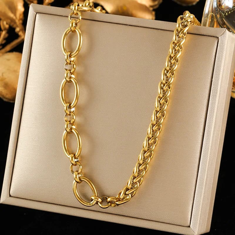 Asymmetric Chain Necklace and Bracelet Set, Gold