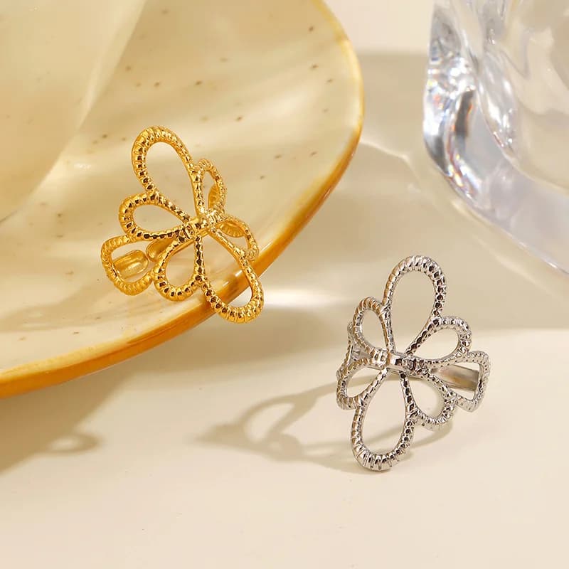 Stainless Steel Hollow Flower Adjustable Ring