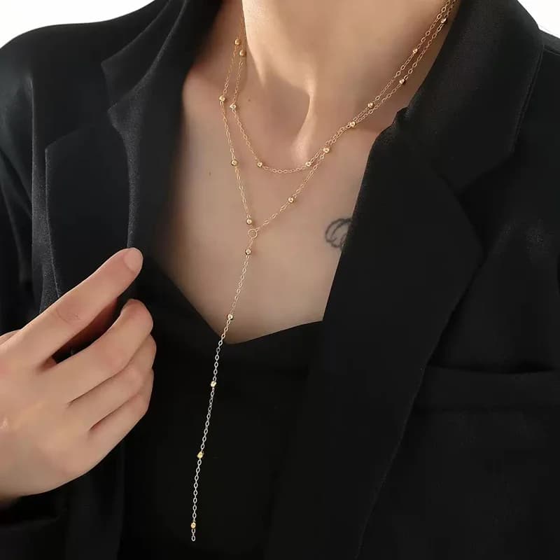 Delicate Gold Bead Long Y-Shaped Pendant Necklace