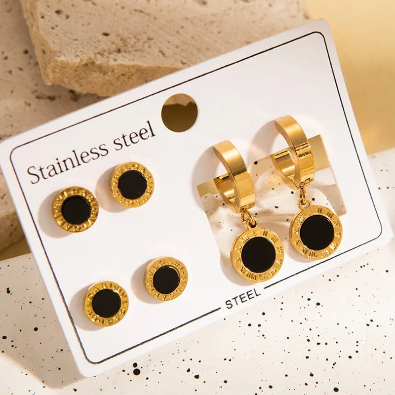 3-Pair Round Black Roman Numeral Earrings Set