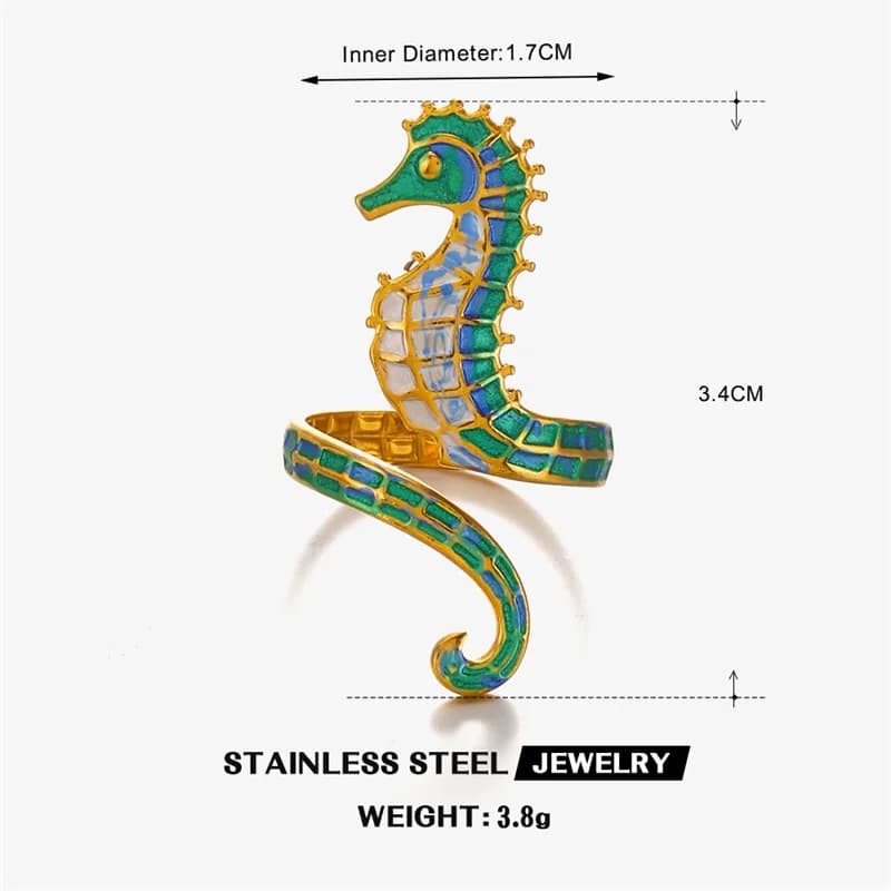 Enamel Seahorse Open Adjustable Ring
