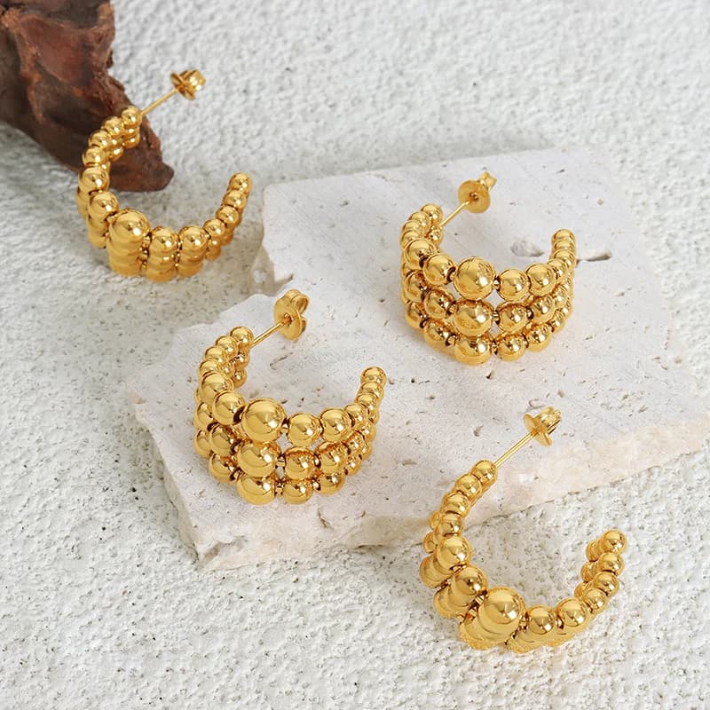 316L Stainless Steel Gold C-Shaped Bead Stud Earrings