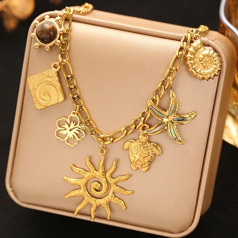 Multiple Charms Pendant Necklace, 18K Gold PVD