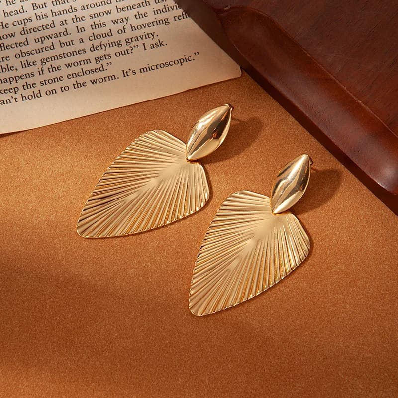 Gold Feather Leaf Drop Dangle Earrings