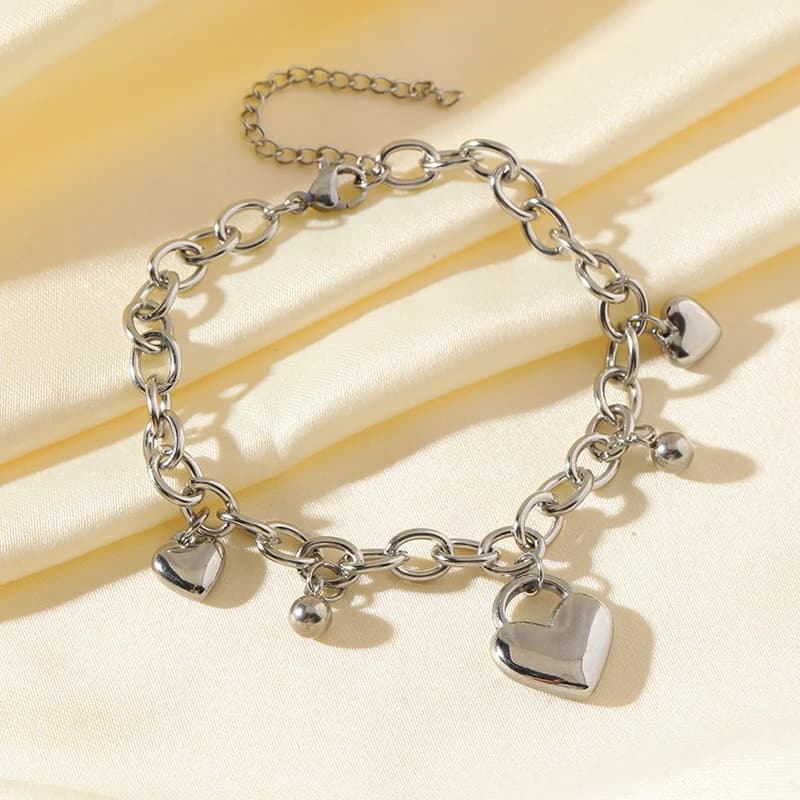 Silver Color Heart Beads Charm Bangle