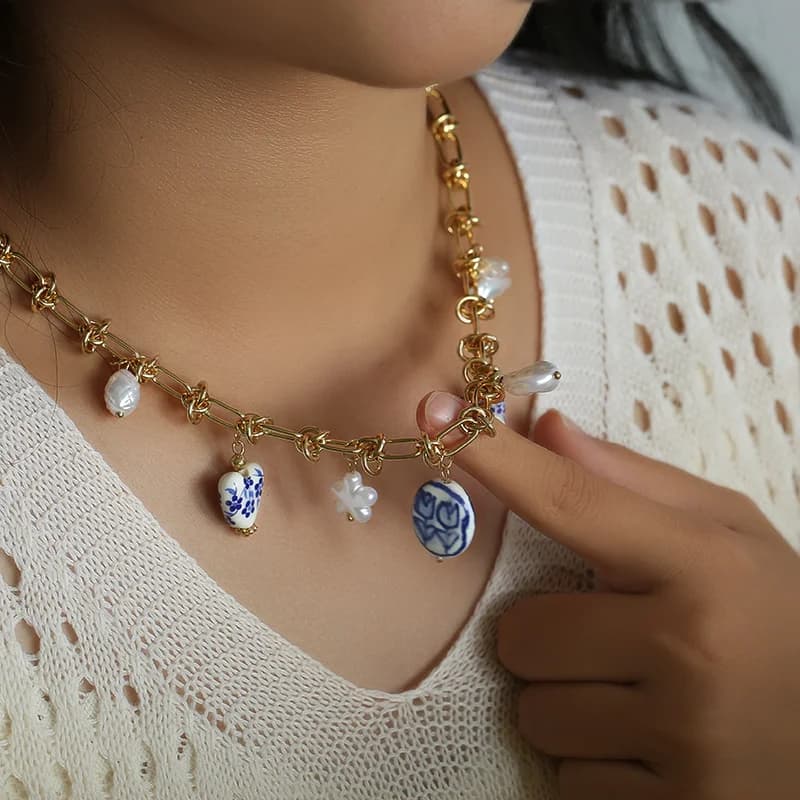 สร้อยคอจี้หยกเซลาดอนและไข่มุก สีทอง สแตนเลสสตีล 316L