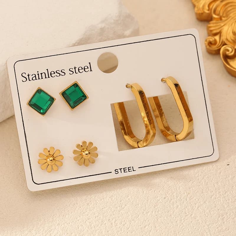 3-Pair Green Zircon Flower Earrings Set