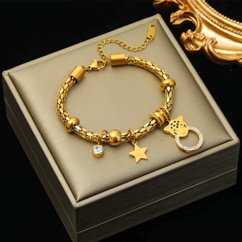 Star and Leopard Charm Bracelet, Thick Chain Stainless Steel