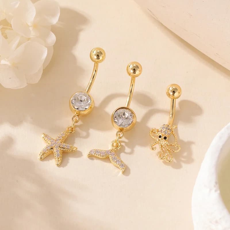 แหวนเจาะสะดือลายดาวทะเลและปลาหมึก 3 ชิ้น, เพชร Zircon สีขาว