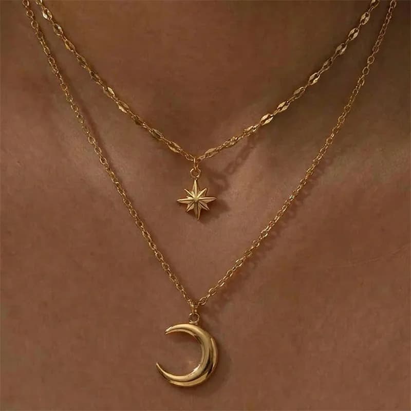 Retro Star Moon Pendant Necklace, Gold Plated