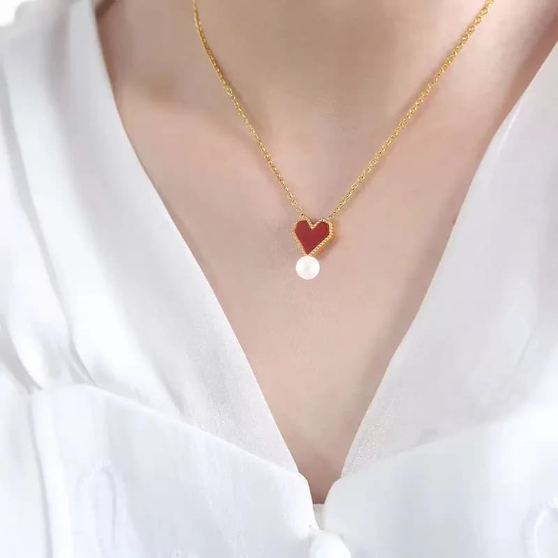 Heart and Pearl Necklace and Earrings Set