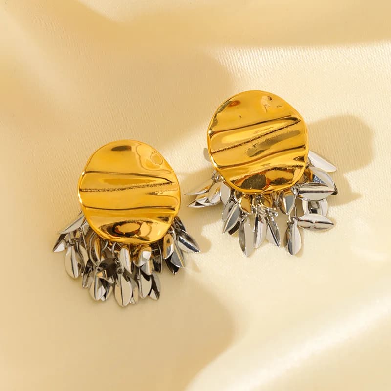Metal Leaf Tassel Drop Earrings, 18K PVD Plated