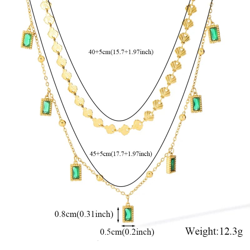 สร้อยคอ 2 ชั้น จี้คริสตัลสีเขียวทรงสี่เหลี่ยม