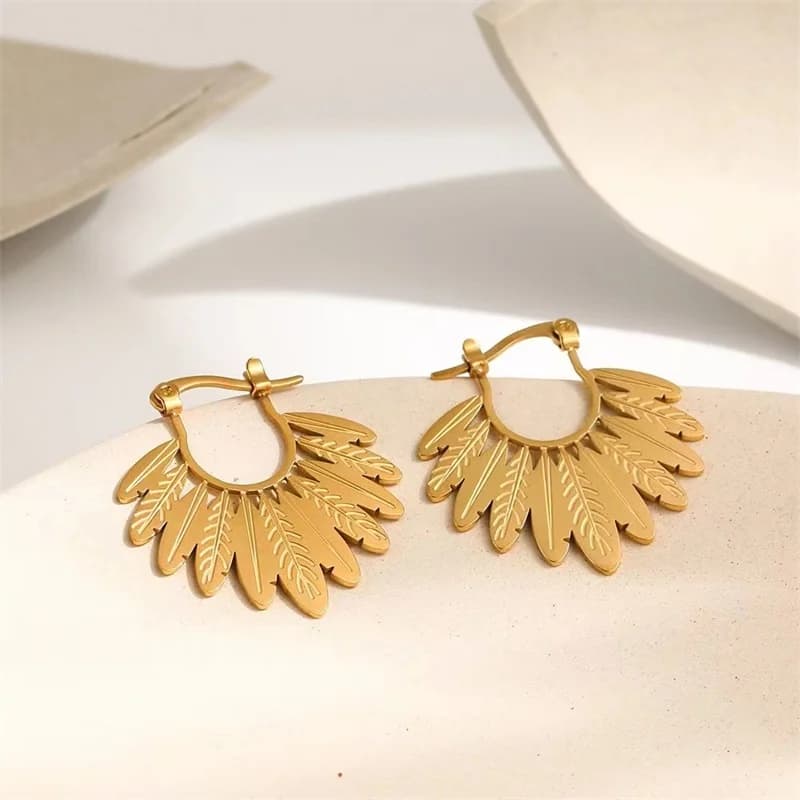 Palm Leaves Drop Dangle Earrings, Gold Plated