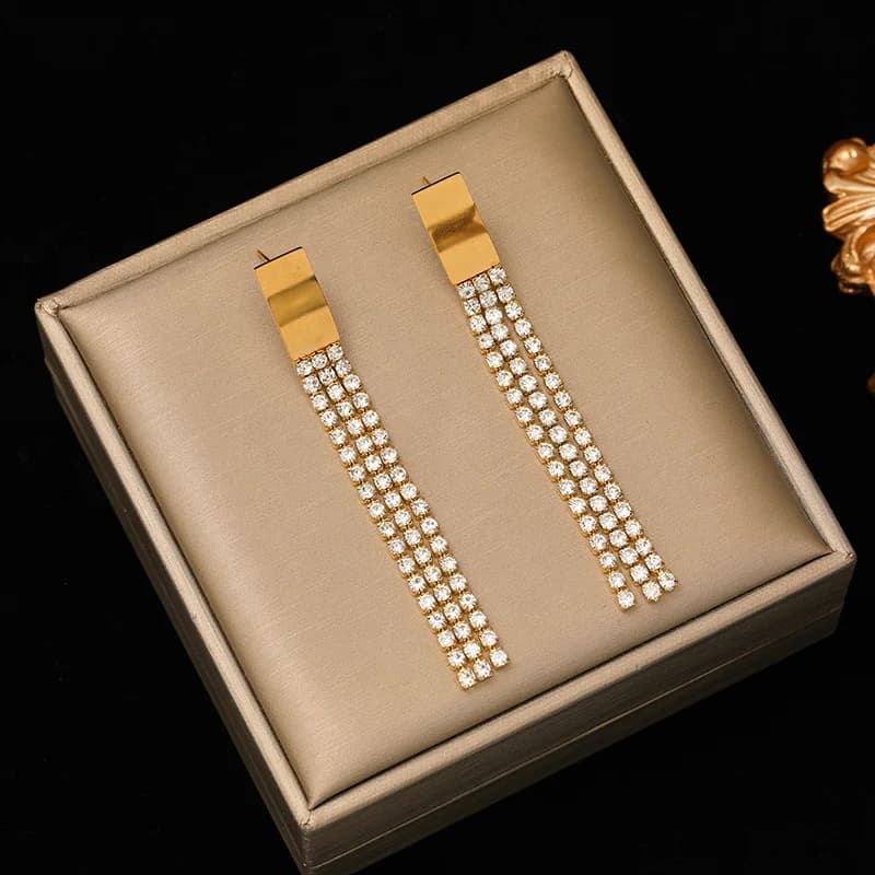 Stainless Steel Gold Long Dangle Earrings