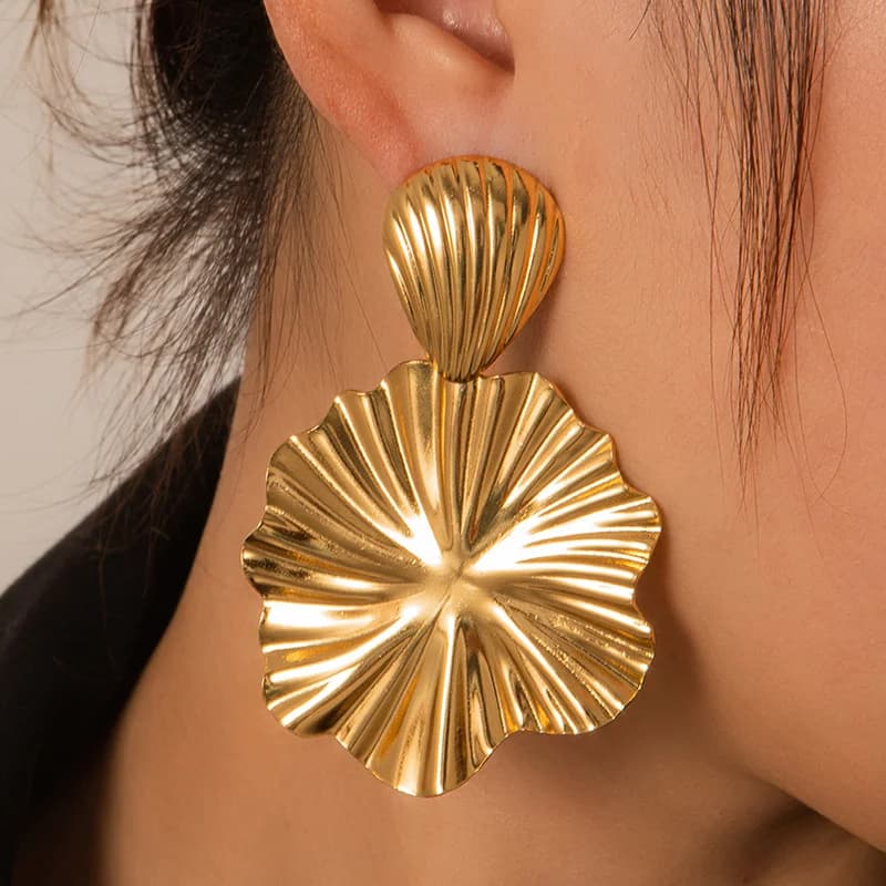 Stainless Steel Pleated Stud Drop Earrings