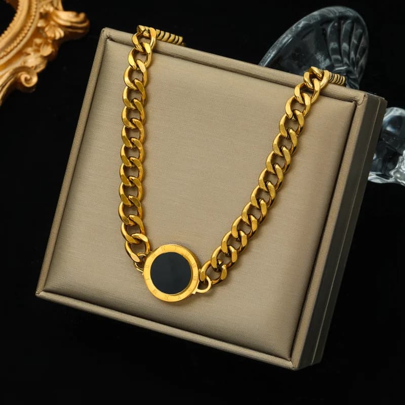 Geometric Black Pendant Necklace, Gold Color