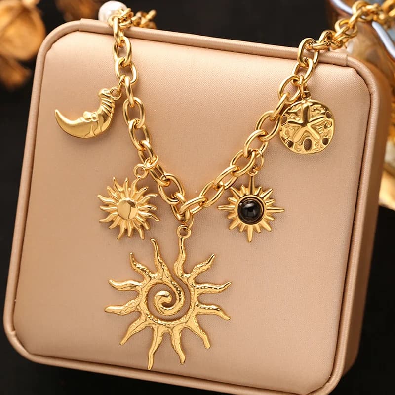 Multiple Charms Pendant Necklace, 18K Gold PVD