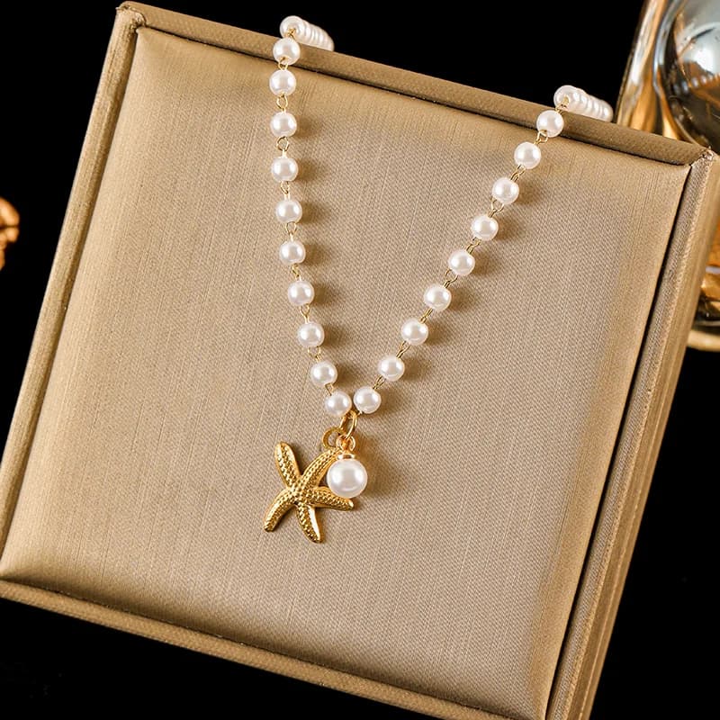 Stainless Steel Sun Starfish Shell Pendant Necklace