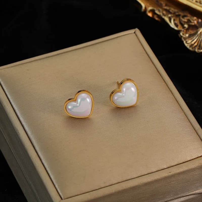 Heart Pearl Stud Earrings, Stainless Steel