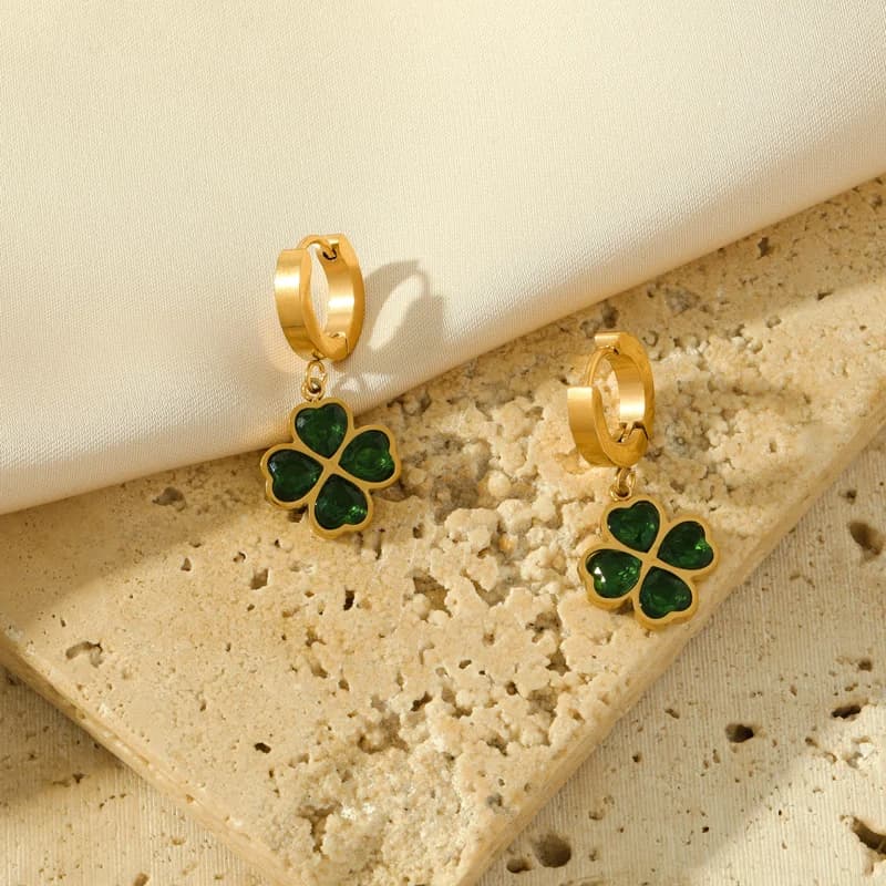 Green Zircon Clover Dangle Earrings