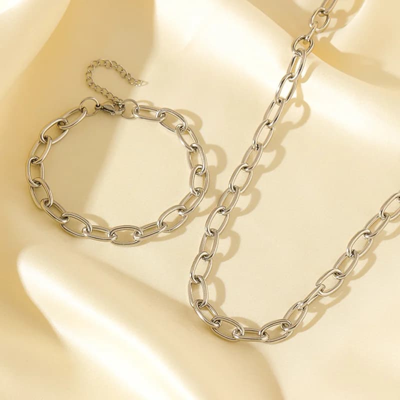 Silver Color Chain Necklace and Bracelet Set