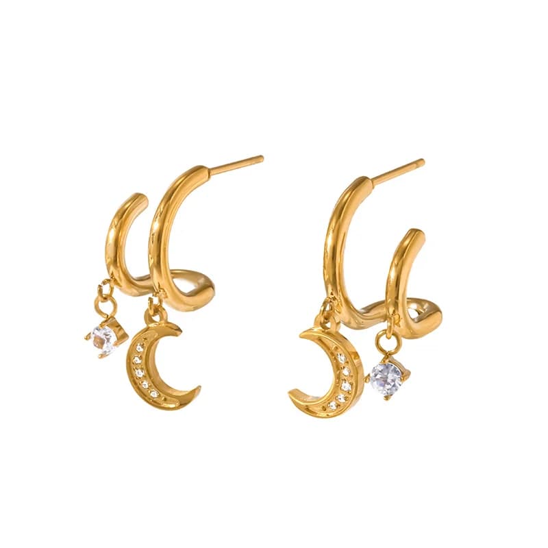 Zircon Moon Stud Earrings, Stainless Steel