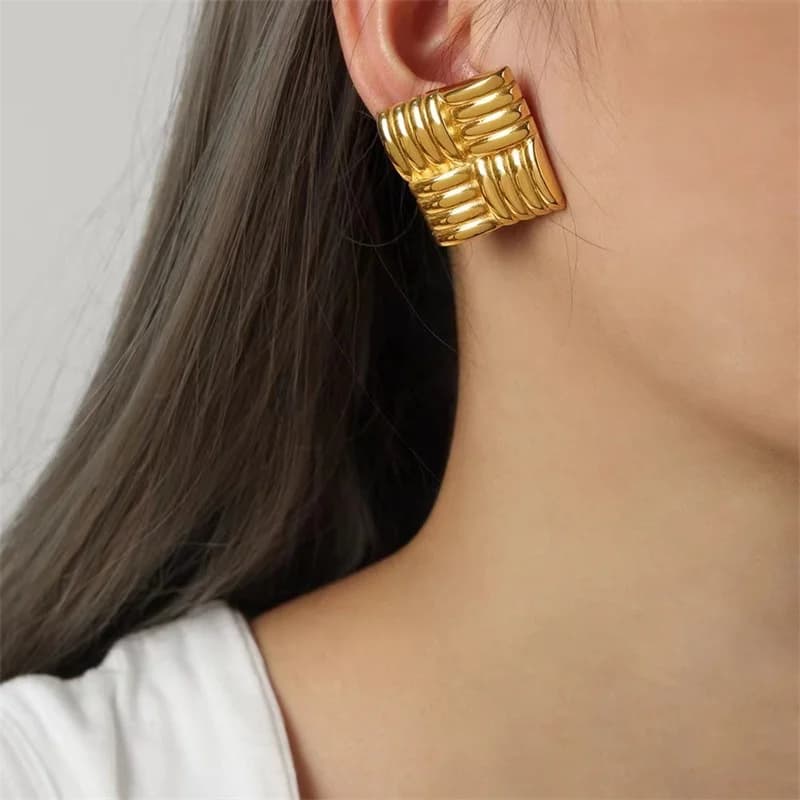 Geometric Stud Earrings, Gold Color Stainless Steel