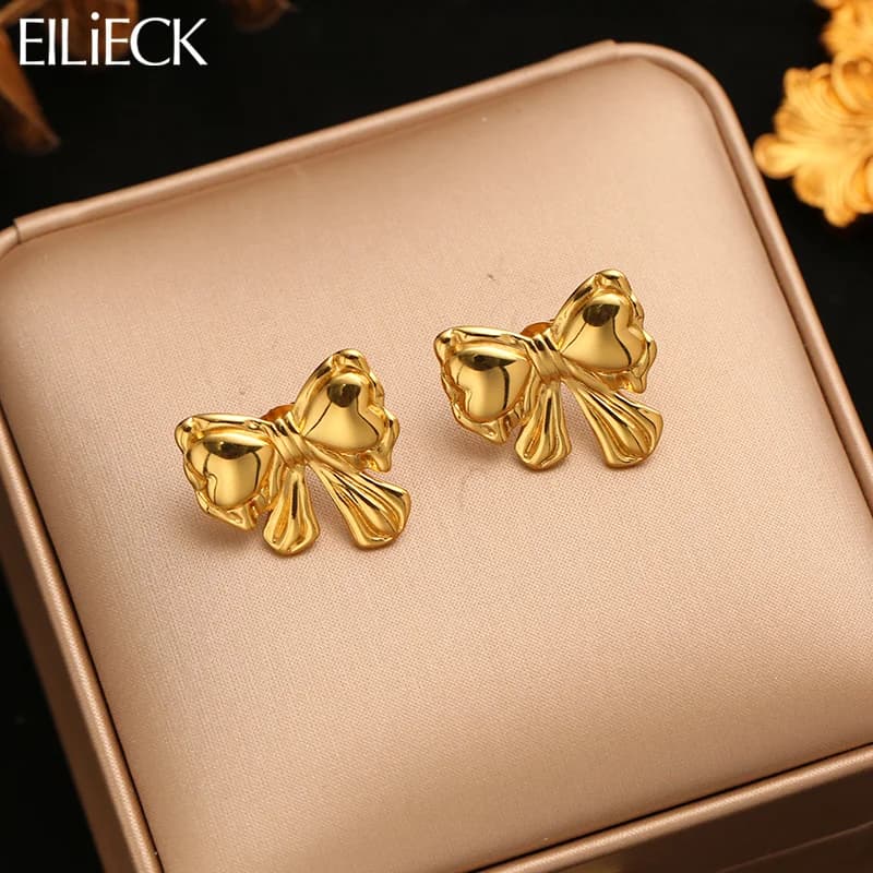 Stainless Steel Gold Bow Stud Earrings
