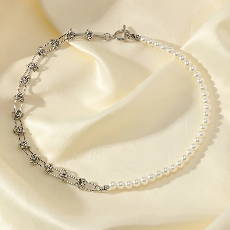 Asymmetric Pearl Necklace and Bracelet Set, Silver