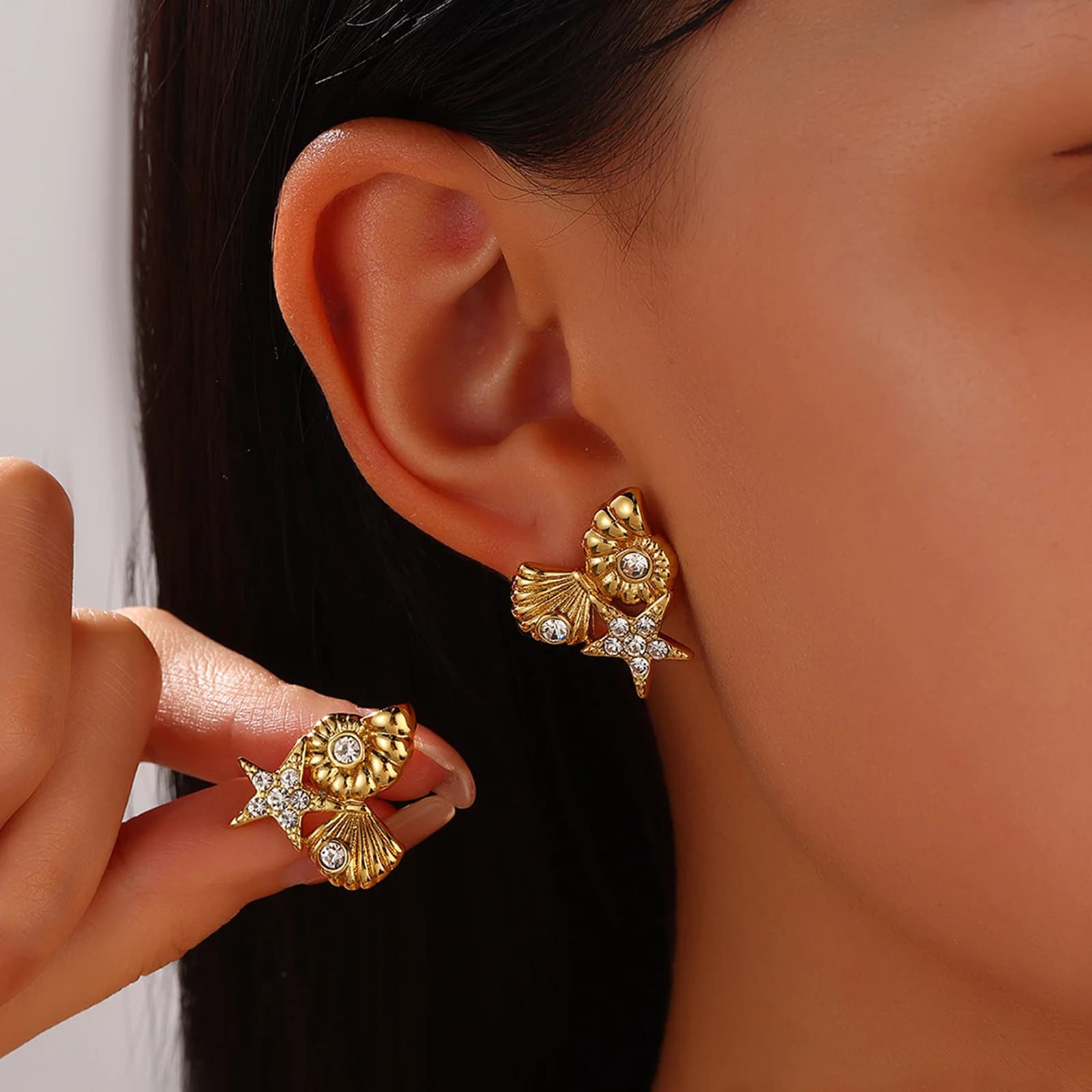 Stainless Steel Starfish Shell Zircon Stud Earrings