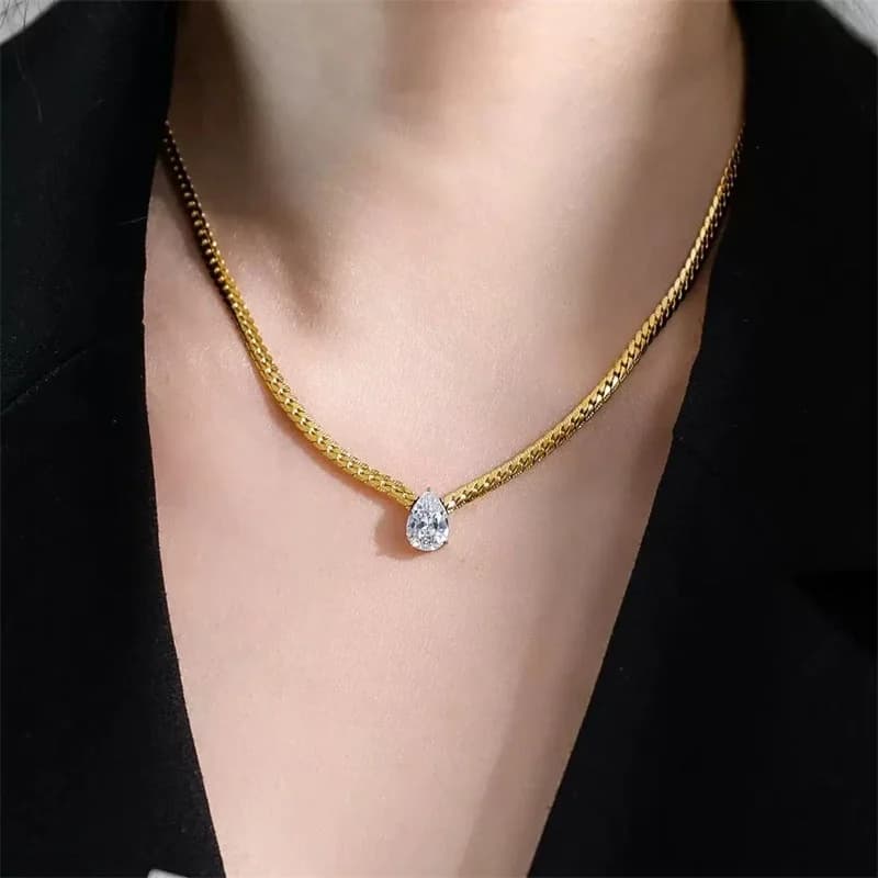 สร้อยคอจี้หยดน้ำ Cubic Zirconia ชุบทอง สเตนเลสสตีล 316L
