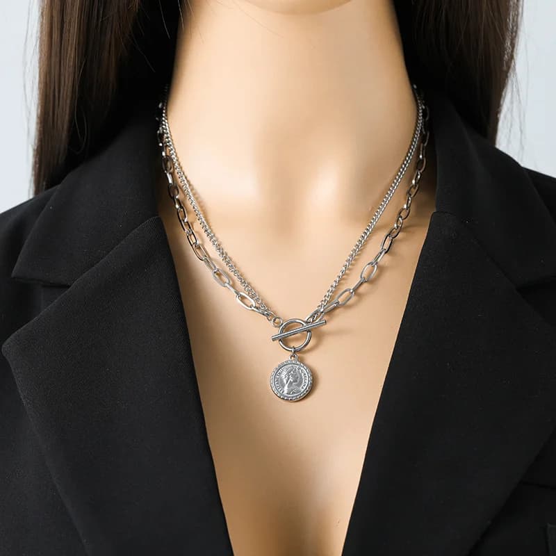 Portrait Coin Pendant Necklace, Silver Tone