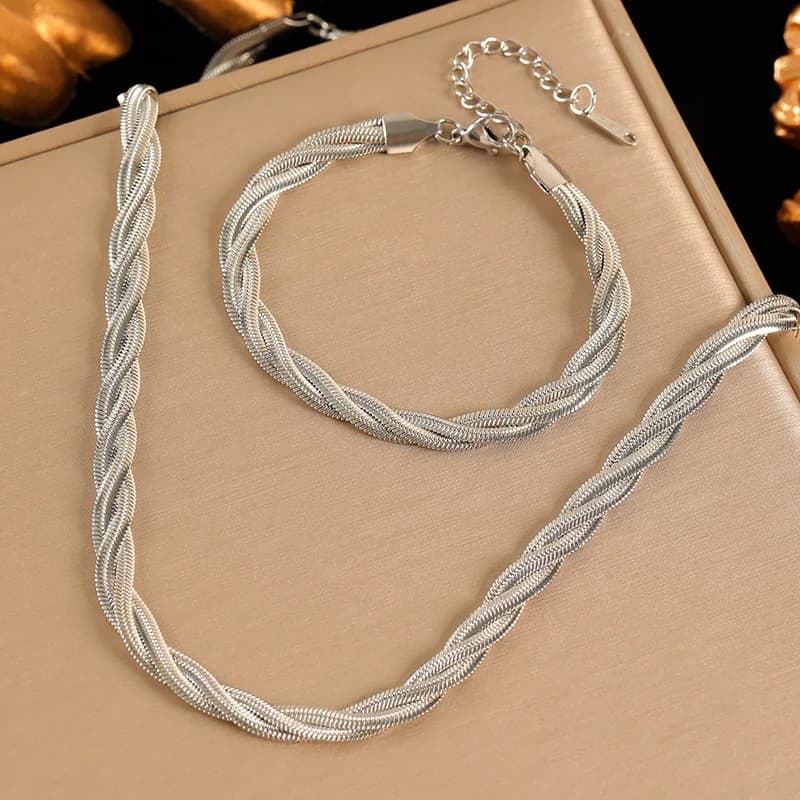Cross Woven Chain Necklace and Bracelet Set