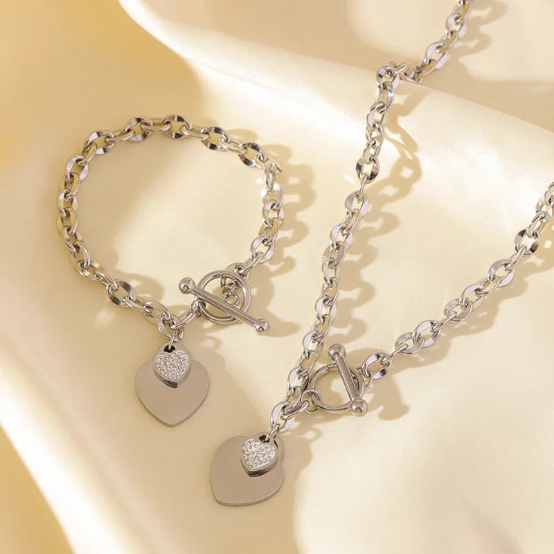 Double Heart Necklace and Bracelet Set, Silver