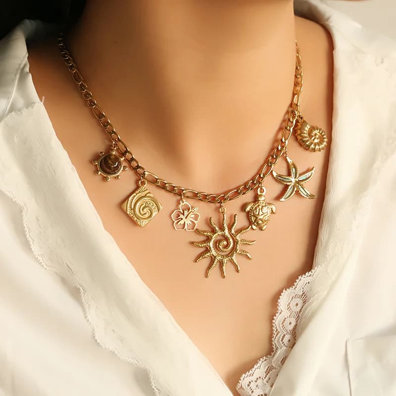 สร้อยคอจี้รูปเต่า ดอกไม้ และดวงอาทิตย์ สแตนเลสสีทอง