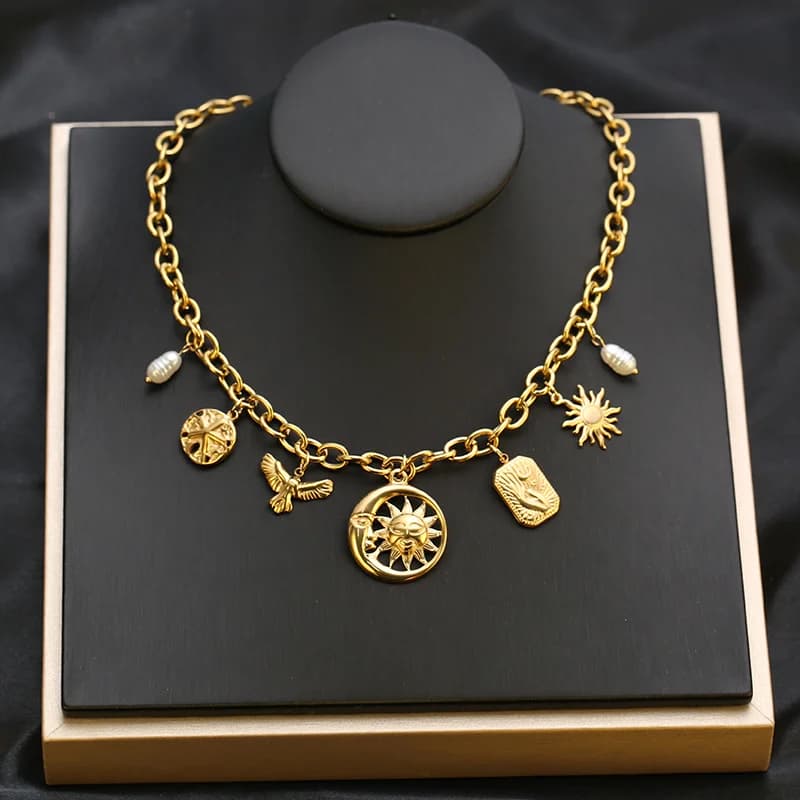Gold Starfish Shell Sun Pendant Necklace