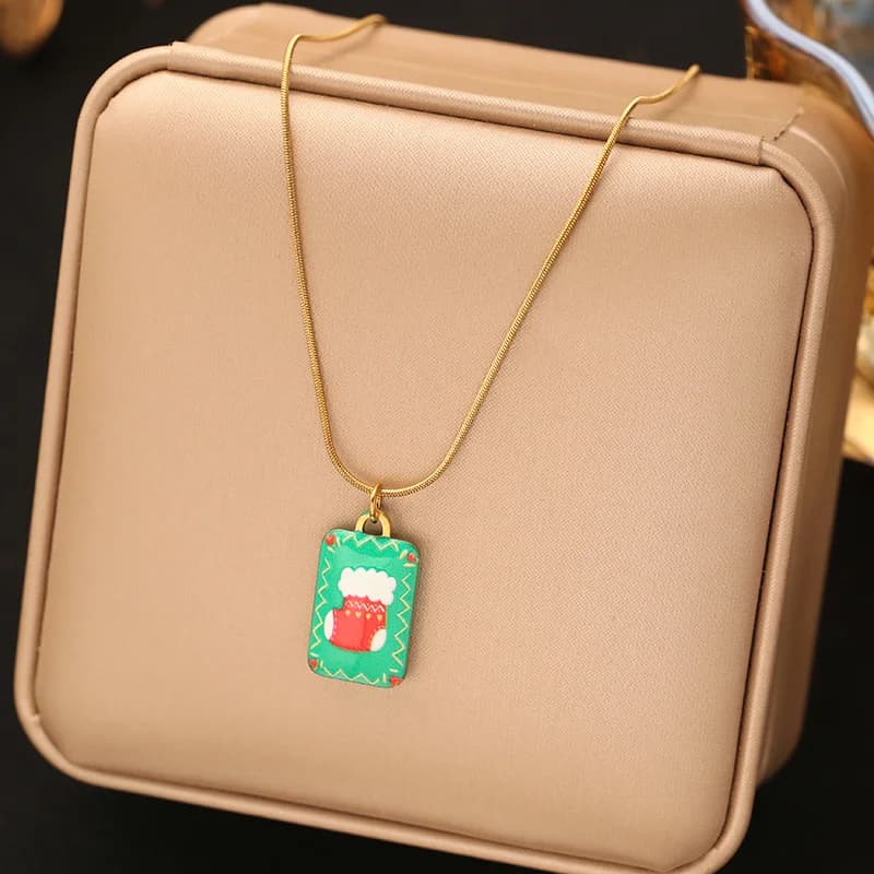 Cartoon Snowman and Tree Pendant Necklace