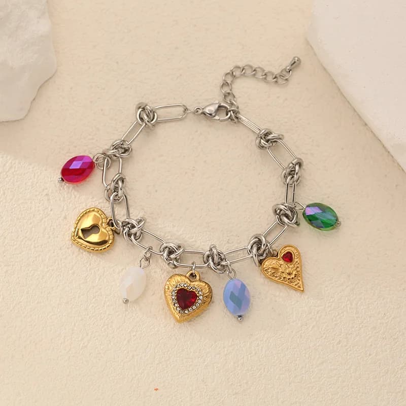 Stainless Steel Heart Zircon Charm Bangle Bracelet