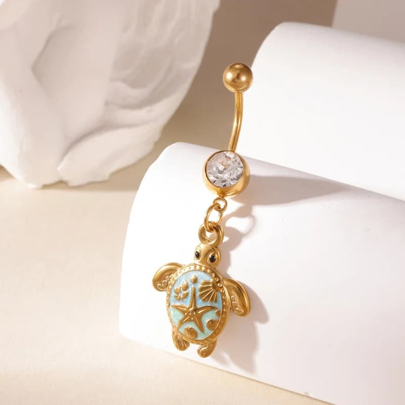 Turtle Dangle Belly Button Ring with Zirconia