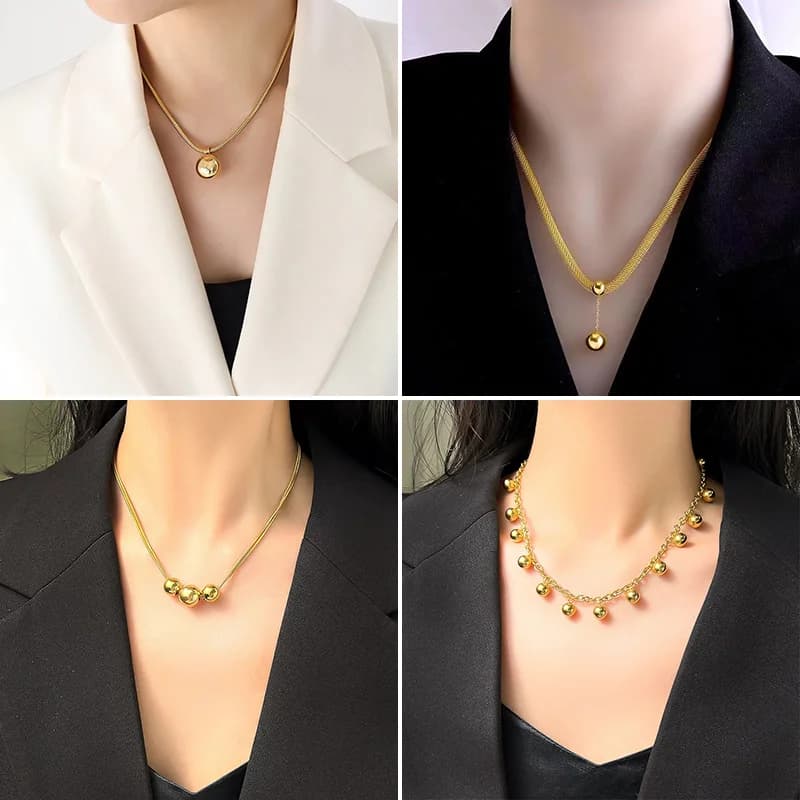 ชุดสร้อยคอและต่างหูลูกปัดทรงกลมสีทอง