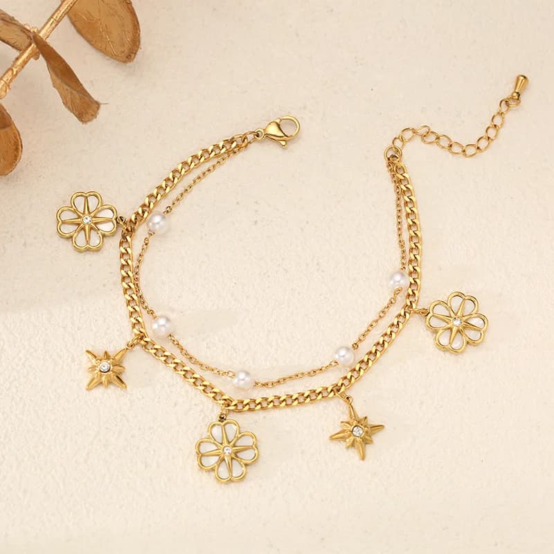 Flower and Star Charm Bracelet with Pearls